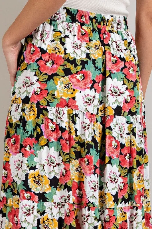 Eesome Tiered Floral Ankle Skirt - Black