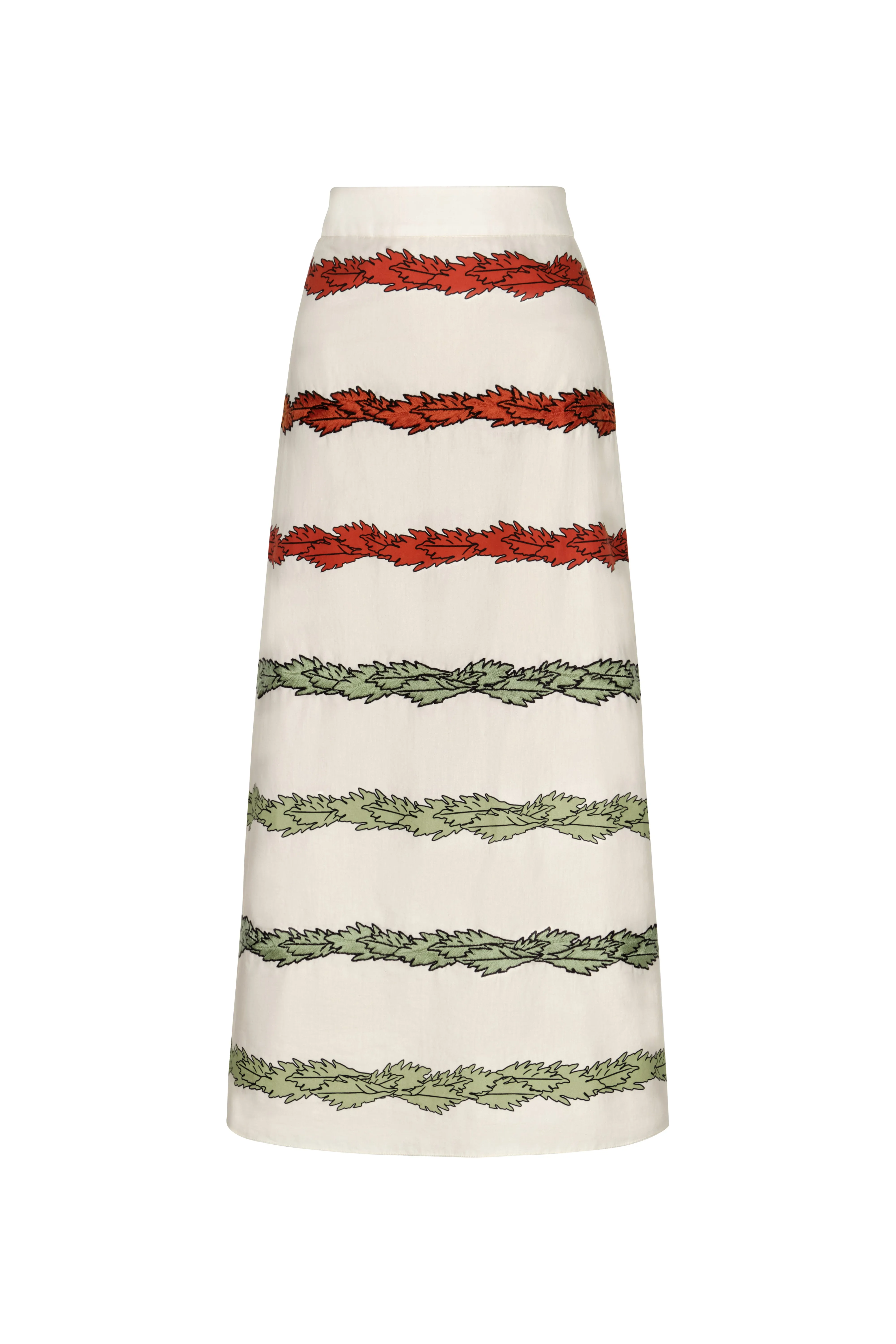 El Carmen Embroidered Cotton Midi Skirt / Ivory Striped Helechos