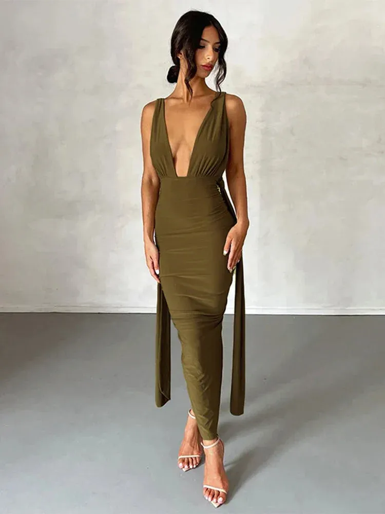 Elegant Deep V Neck Summer Bandage Bodycon Backless Sexy Midi Dress