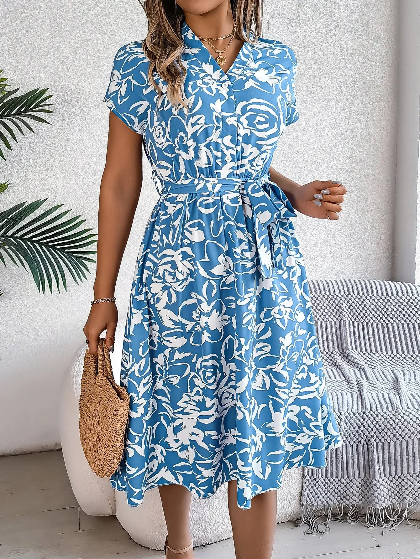 Elegant Floral Print Button Short Bat Sleeve A-line Midi Dress