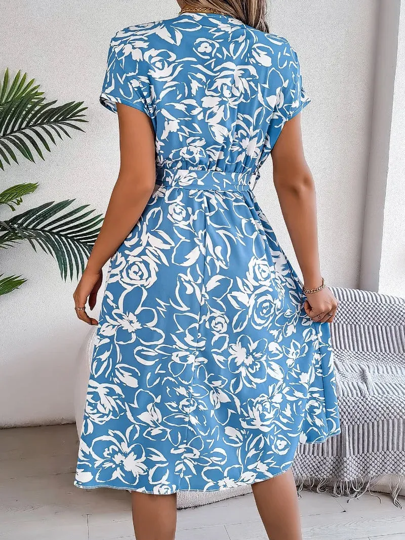 Elegant Floral Print Button Short Bat Sleeve A-line Midi Dress