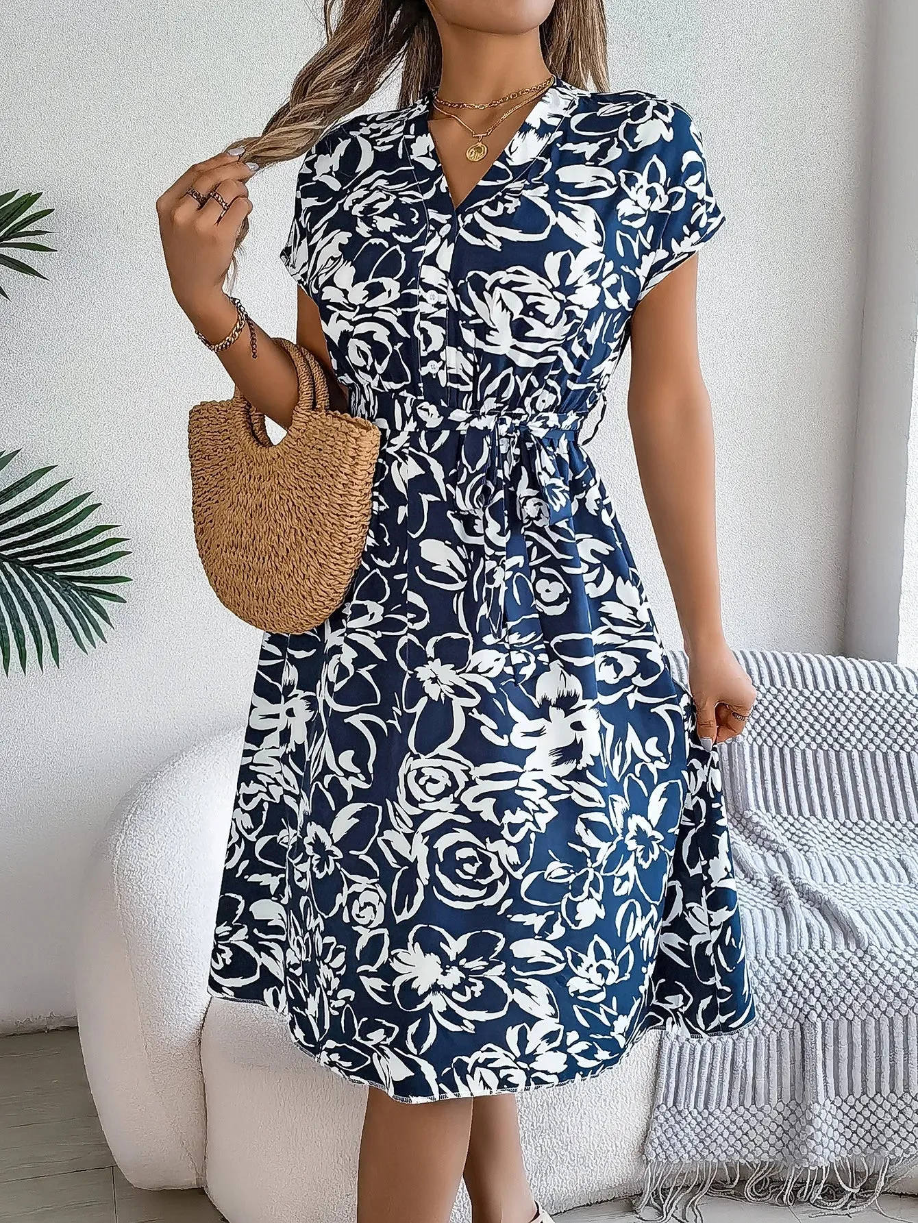 Elegant Floral Print Button Short Bat Sleeve A-line Midi Dress