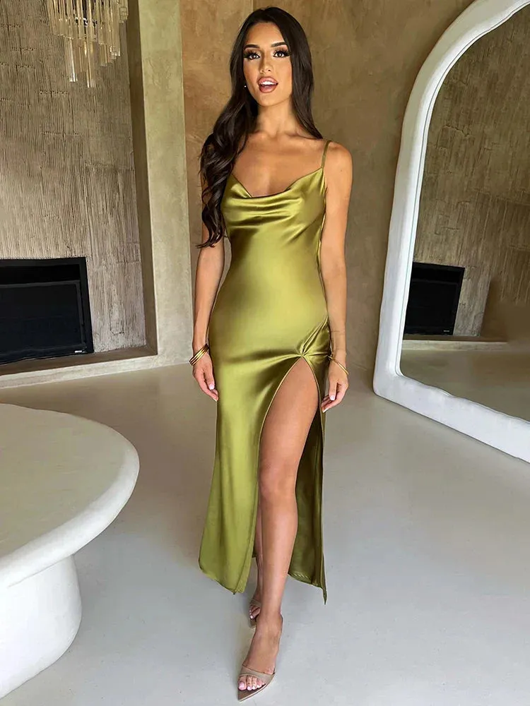 Elegant High Split Spaghetti Strap Summer Backless Slim Bodycon Midi Dress