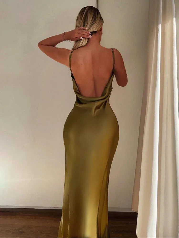 Elegant High Split Spaghetti Strap Summer Backless Slim Bodycon Midi Dress