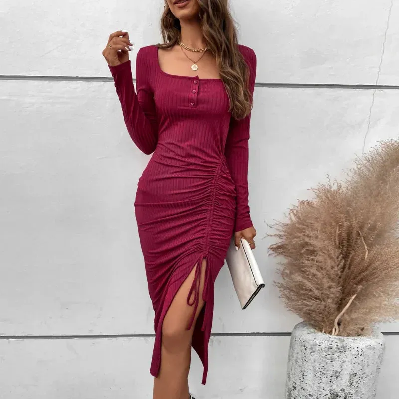 Elegant High Waist Fall Button Skinny A-Line Midi Dress with Drawstring Split