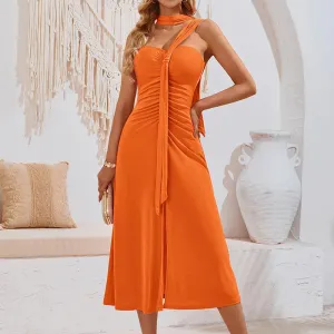 Elegant High Waist Off Shoulder Pleated Midi Dress