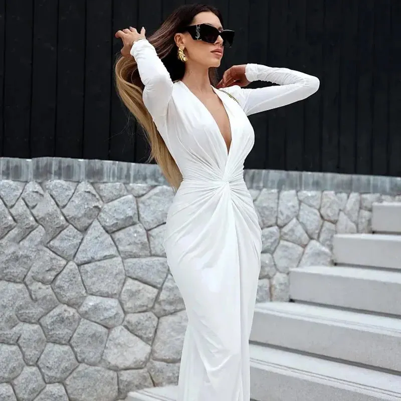 Elegant Midi Dress with Low Cut Long Sleeve and Deep Neck Split