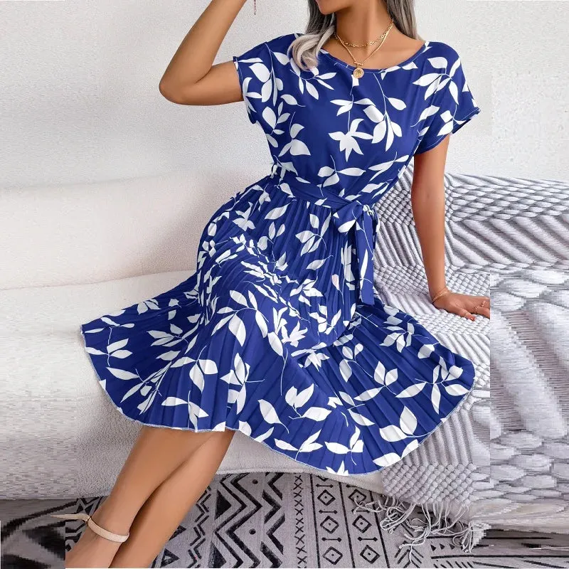 Elegant O-neck Short Sleeve Pleated Floral Lace-up Midi Dress