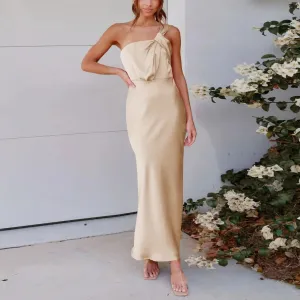 Elegant One-Shoulder Satin French Slim Sexy Ladies Midi Dresses