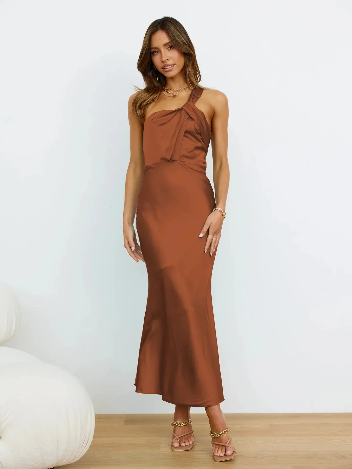 Elegant One-Shoulder Satin French Slim Sexy Ladies Midi Dresses