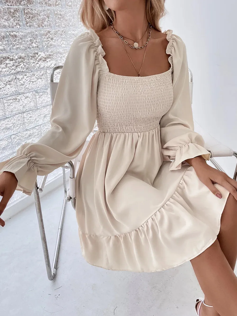 Elegant Solid Square Collar Ruffle High Waist Backless Midi Dress