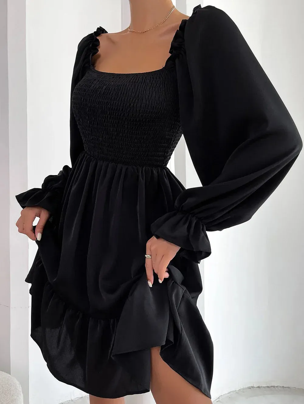 Elegant Solid Square Collar Ruffle High Waist Backless Midi Dress