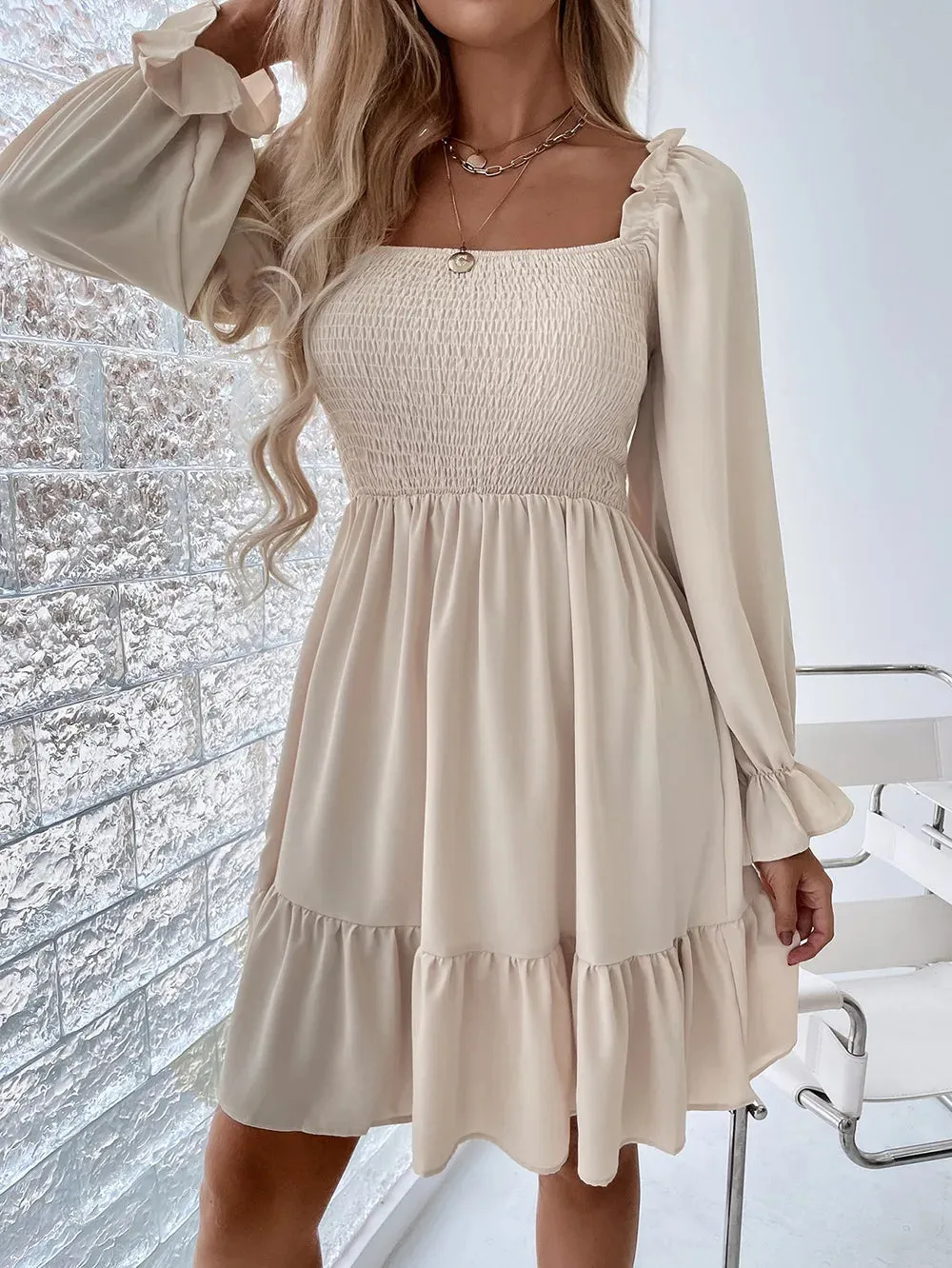 Elegant Solid Square Collar Ruffle High Waist Backless Midi Dress