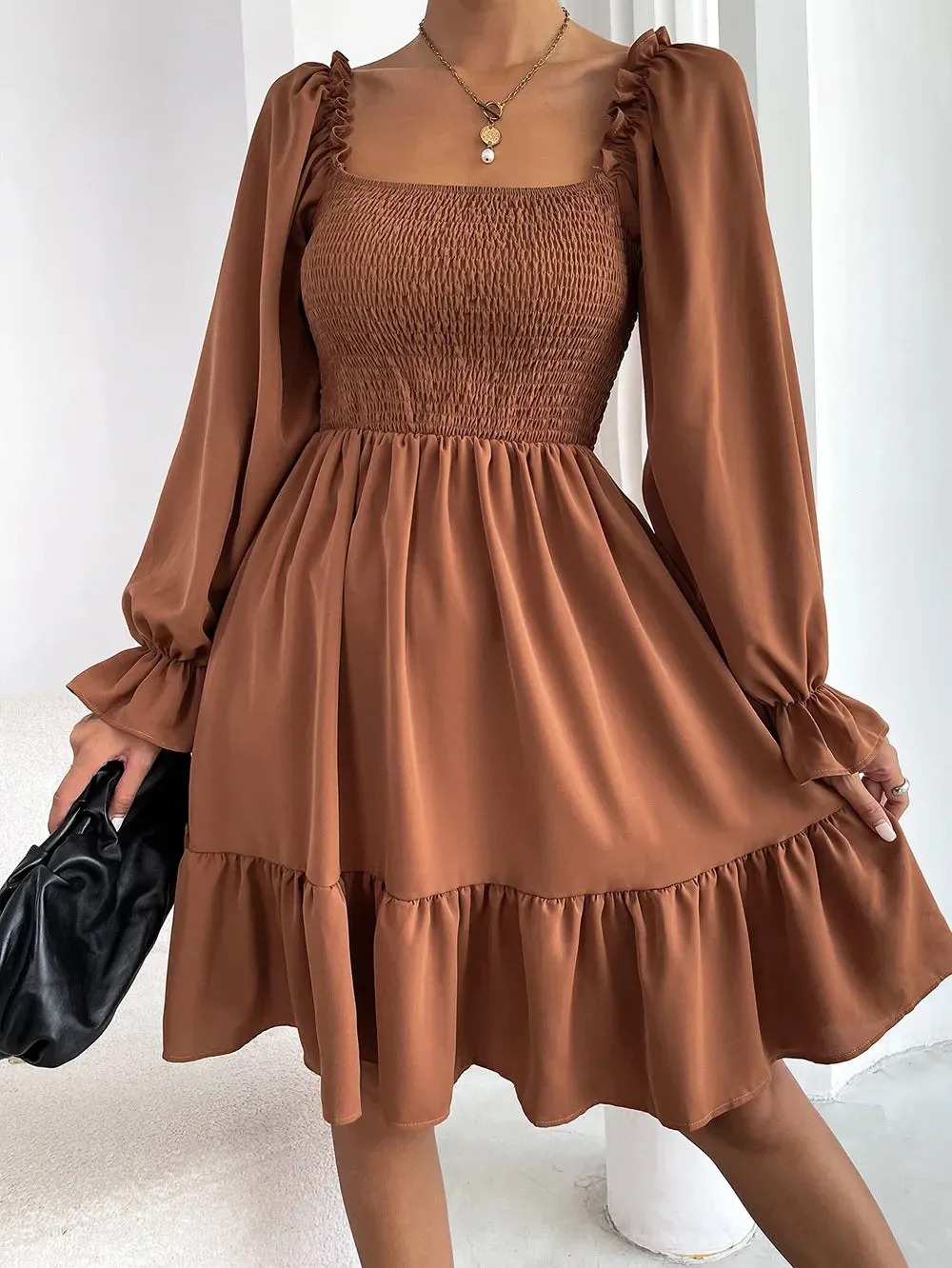 Elegant Solid Square Collar Ruffle High Waist Backless Midi Dress