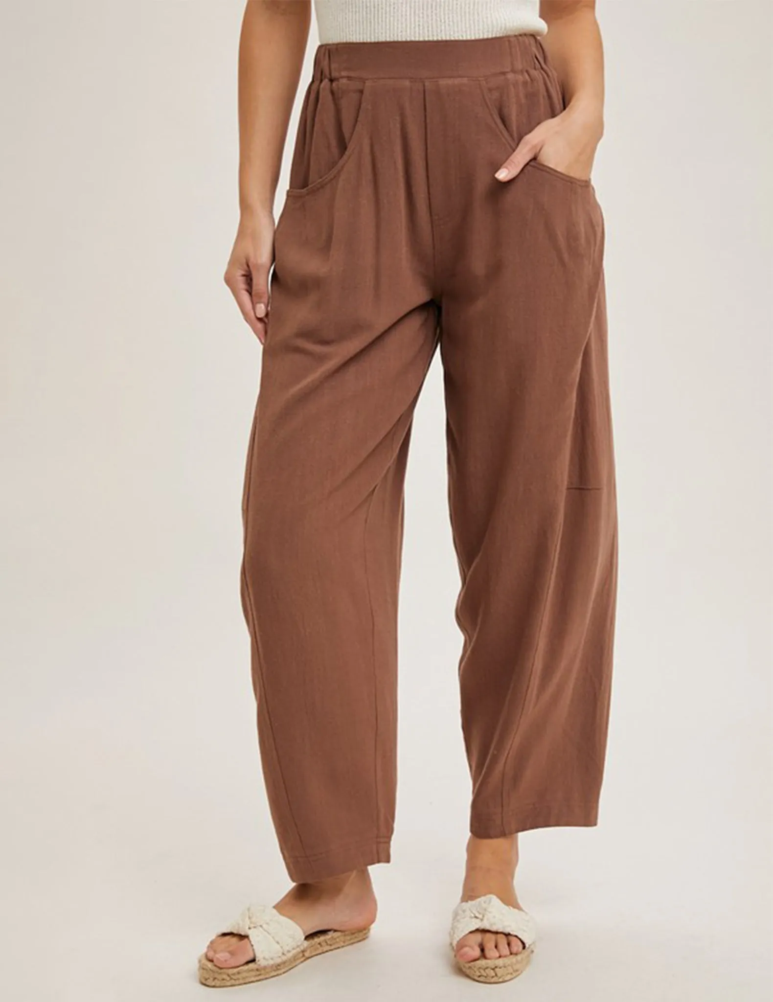 Eliza Chocolate Linen Blend Barrel Pants