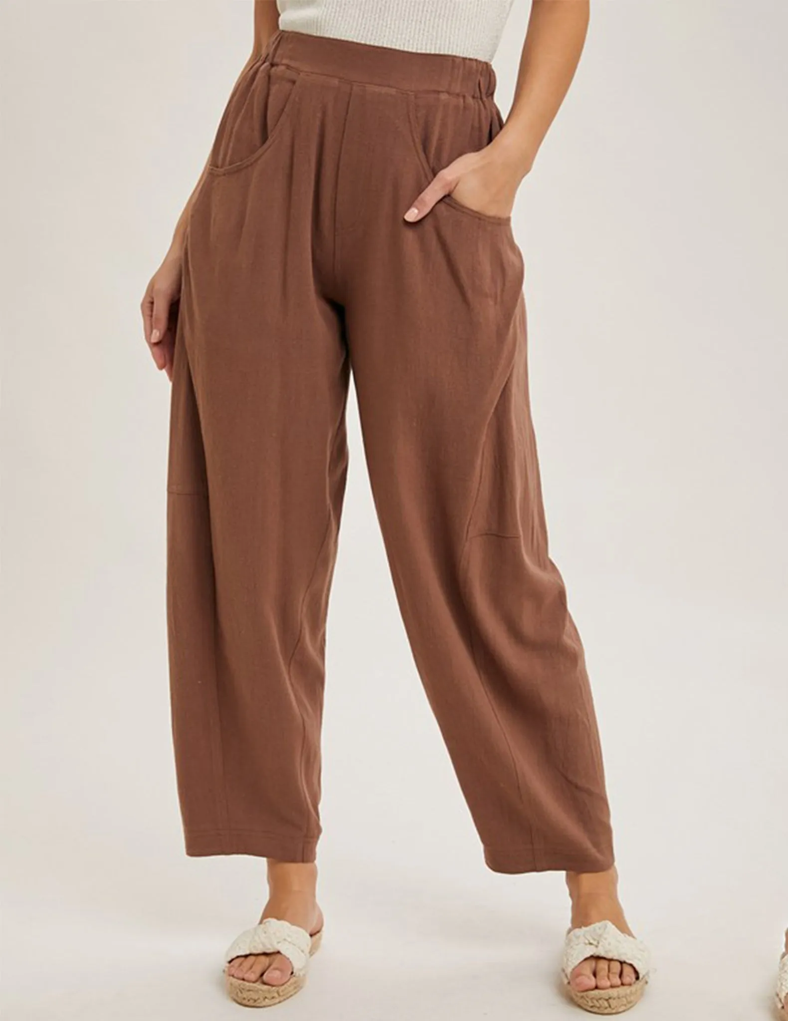 Eliza Chocolate Linen Blend Barrel Pants