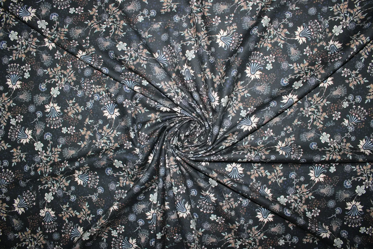 Elizabethan Florals Cotton Flannel - Muted Tones on Black