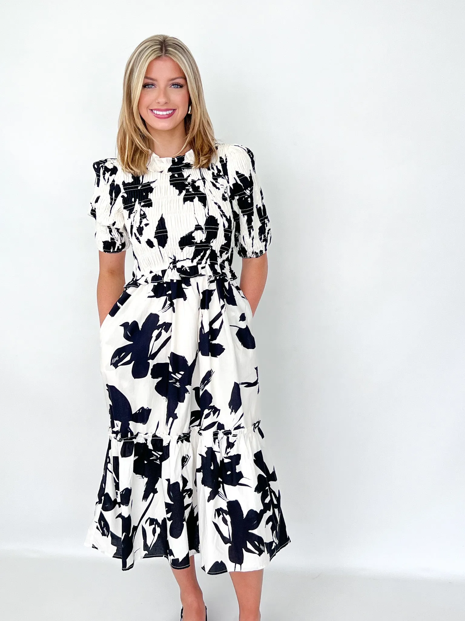 Ella - Black & White Floral Smocked Midi Dress