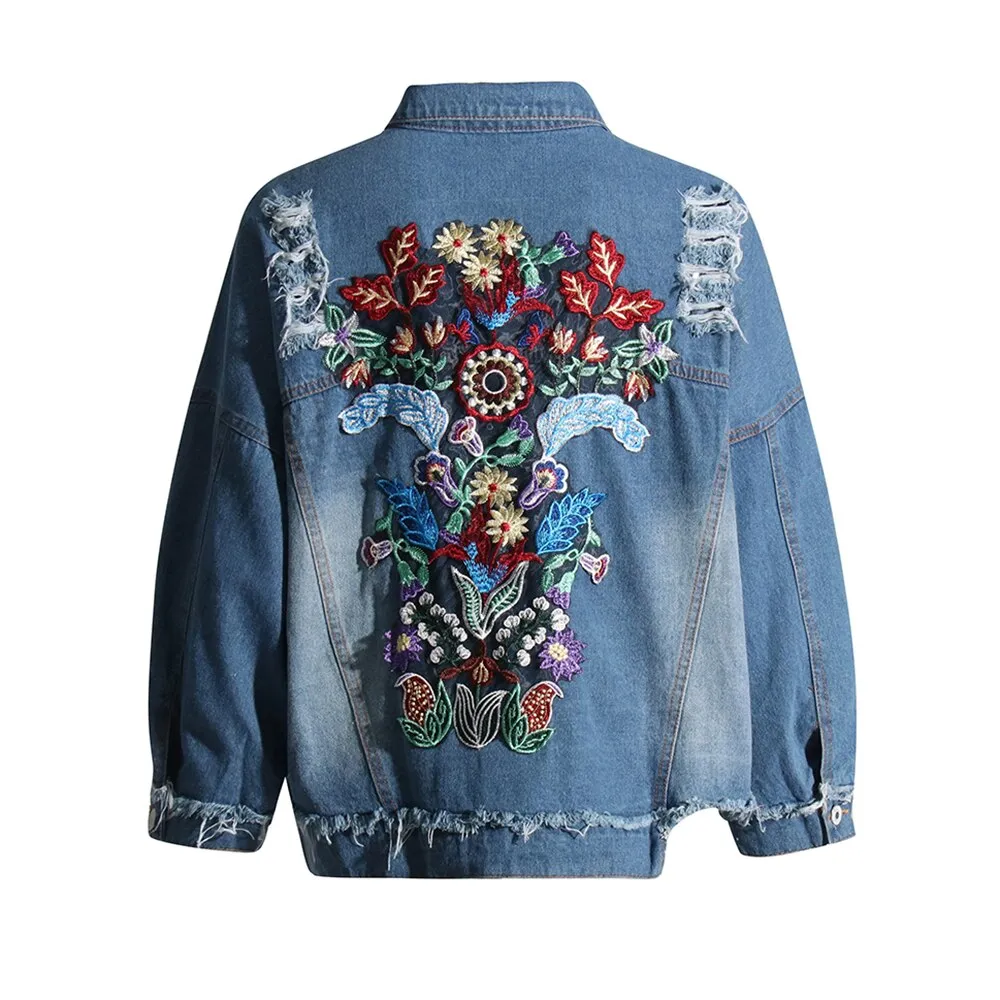 Embroidery Streetwear Denim Jacket For Women Lapel Long Sleeve Hole Hollow Out Casual Jackets Female Clothing