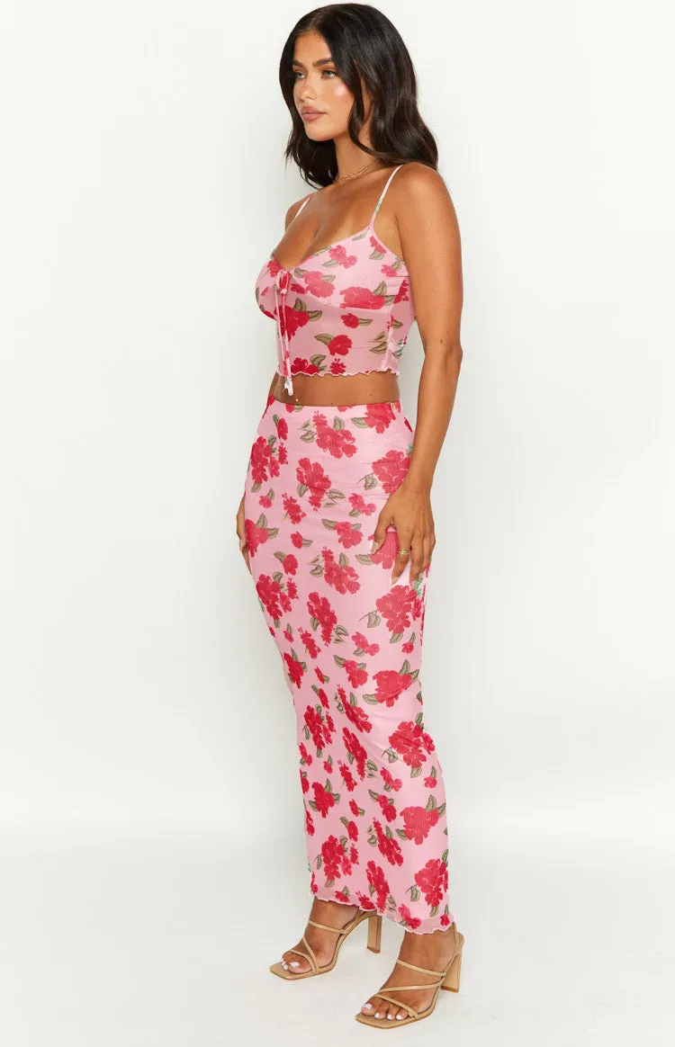 Emz Pink Floral Mesh Midi Skirt