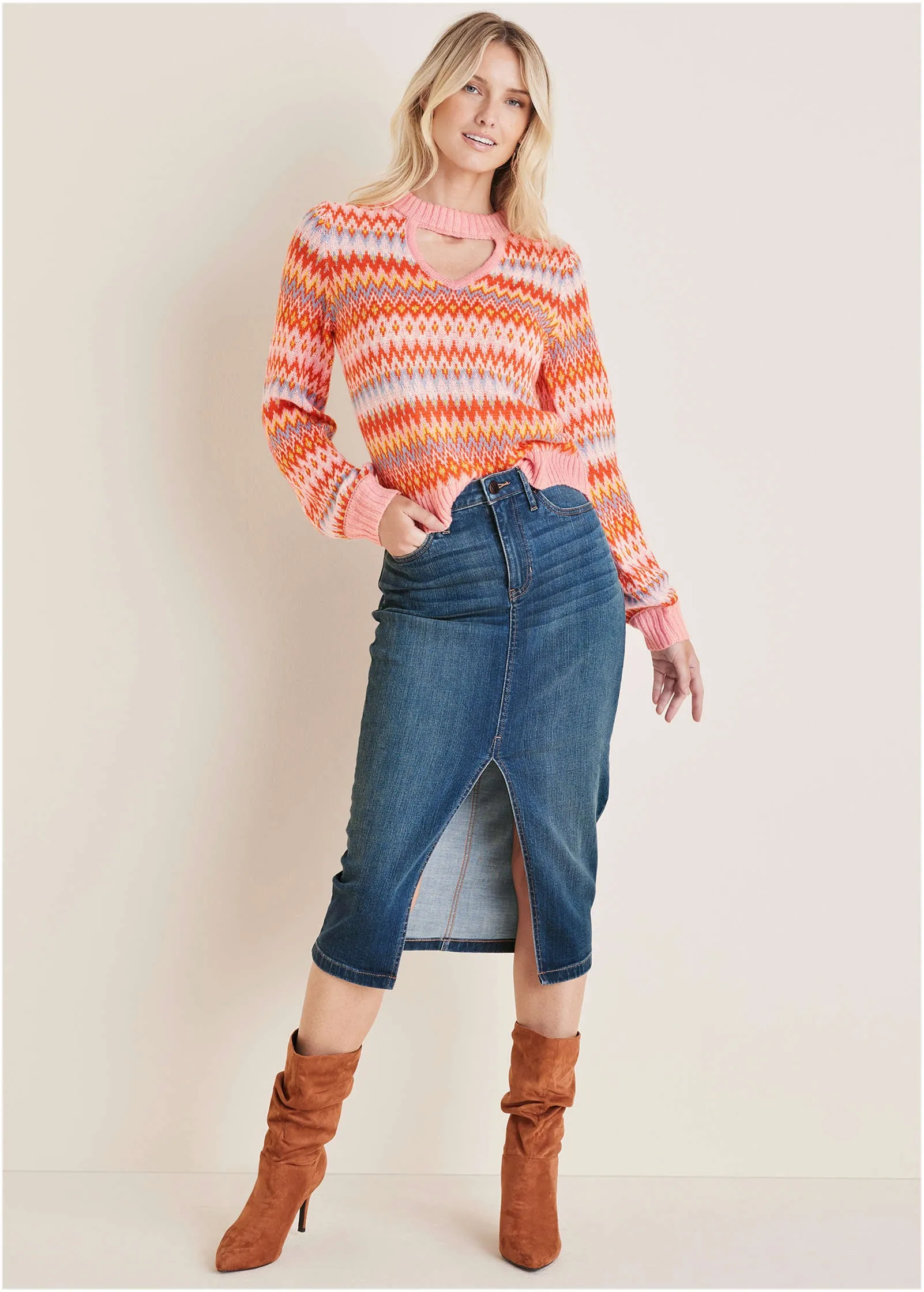 Fair Isle Mock Neck Sweater - Peach Dust