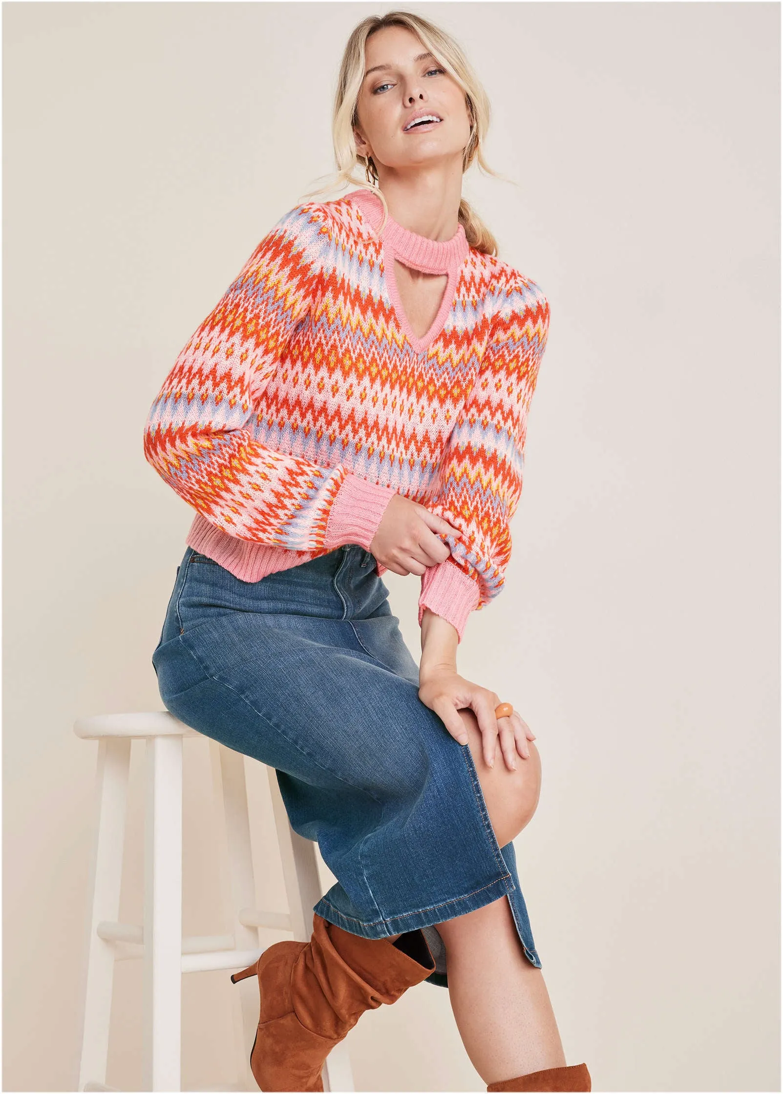 Fair Isle Mock Neck Sweater - Peach Dust