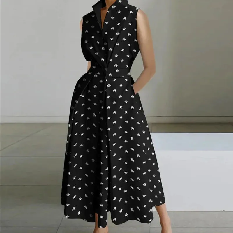 Fashion Casual Turn-down Collar  Printed Sleeveless Loose Elegant Slim Fit Midi Dresses