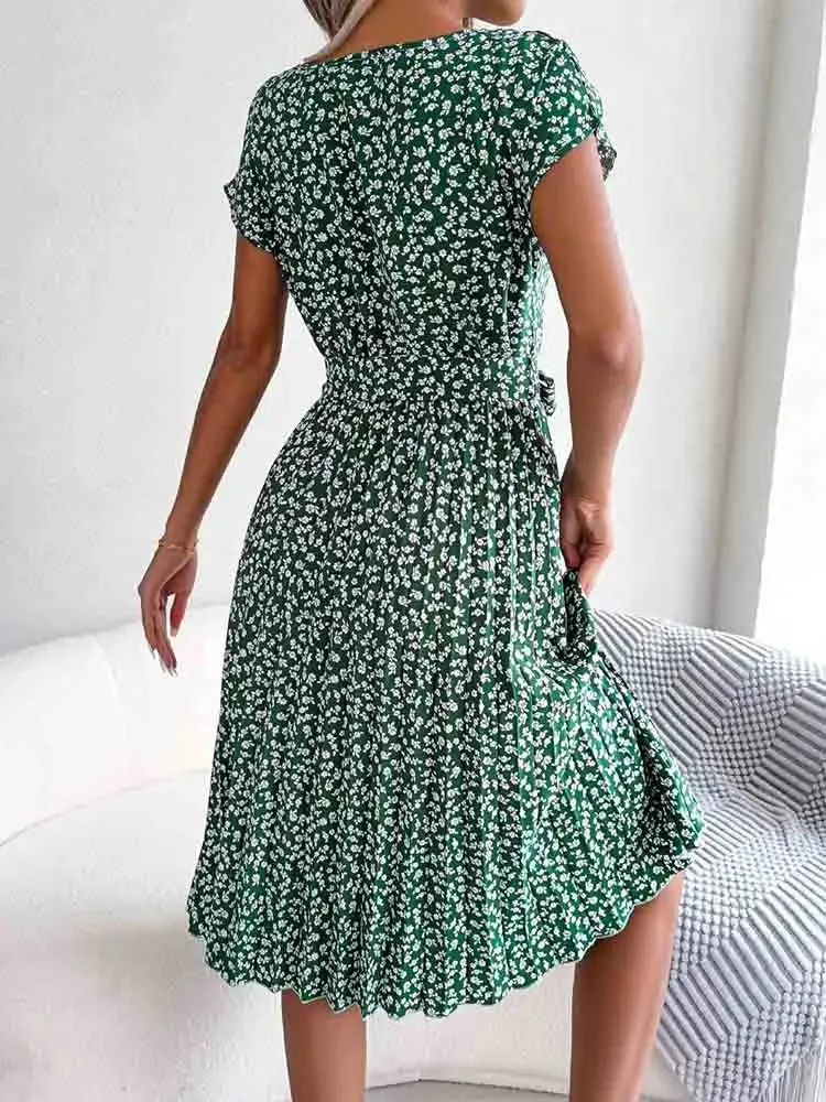 Fashion Floral A Line Short Sleeve High Waist Chic Midi Dresses