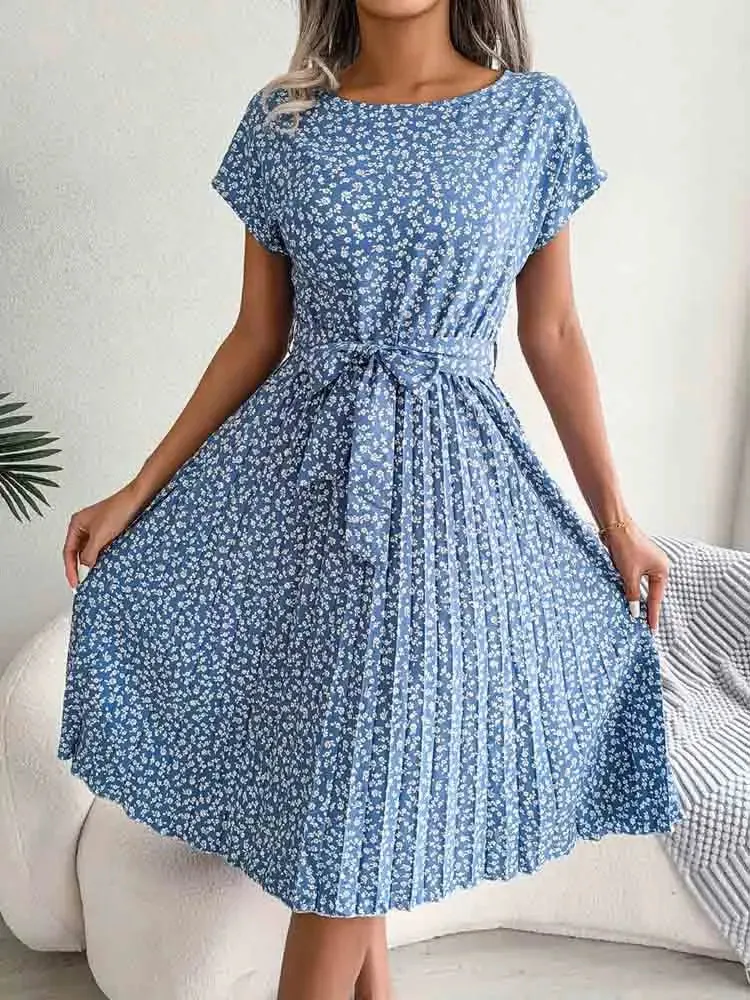 Fashion Floral A Line Short Sleeve High Waist Chic Midi Dresses