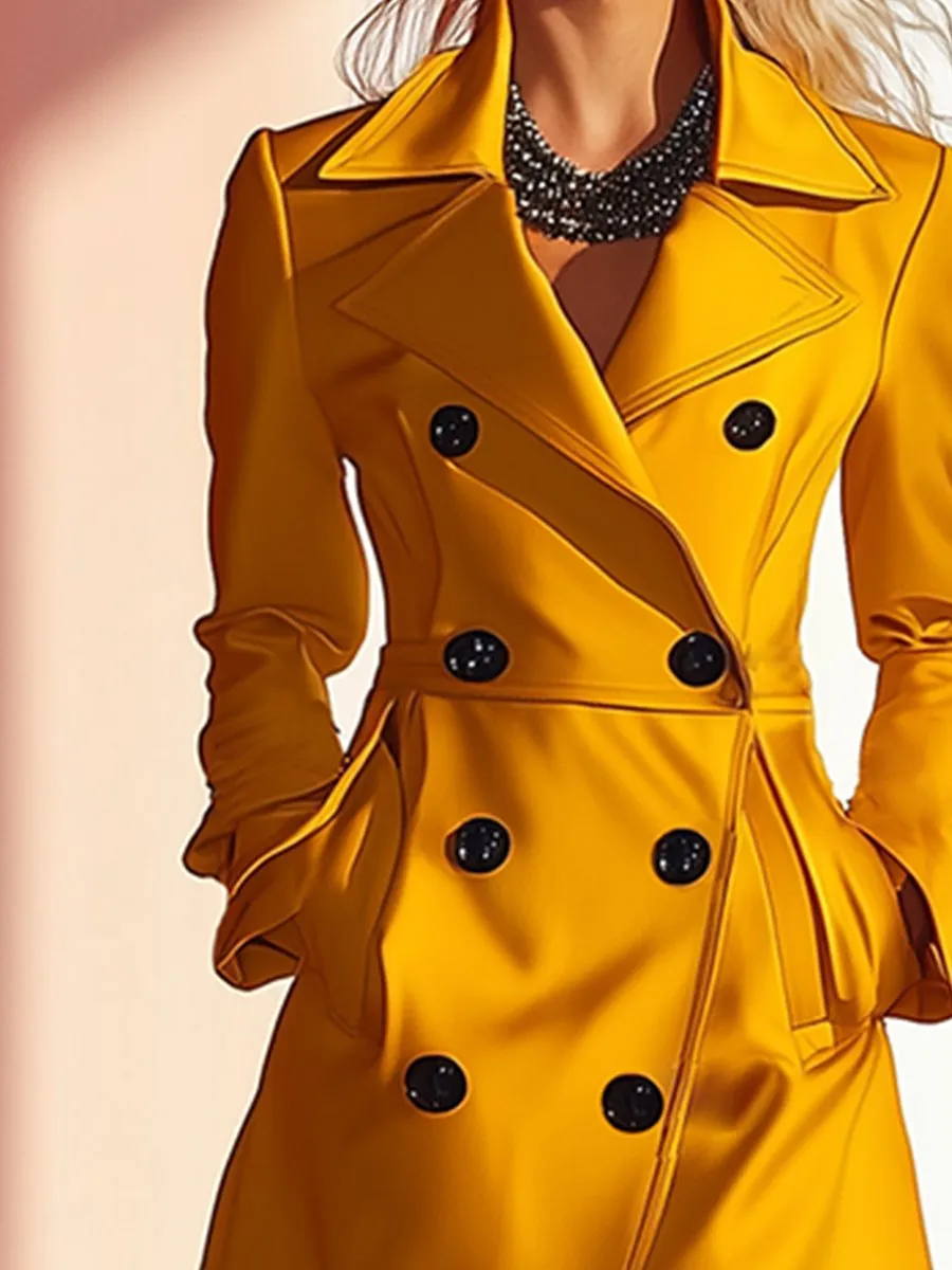 Fashion Slim Fit Satin Lapel Double Breasted Long Trench Coat