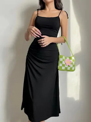 Fashion Strappy Black Irregular Backless Summer Clothes Midi Dresses