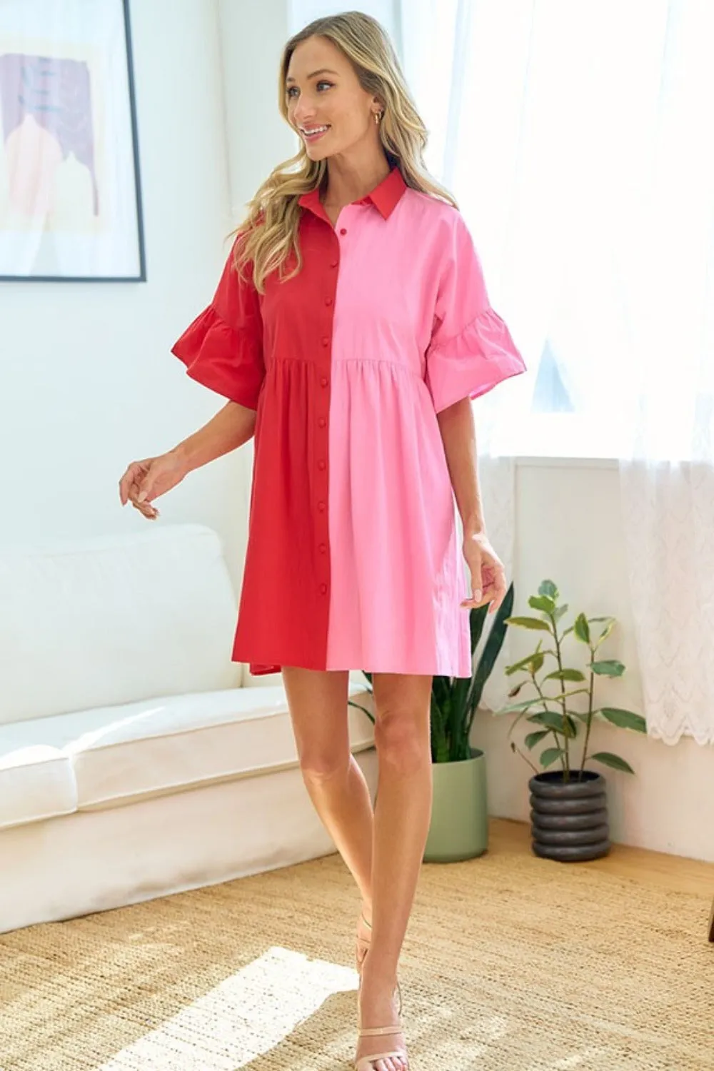 First Love Color Blocked Button Down Babydoll Dress