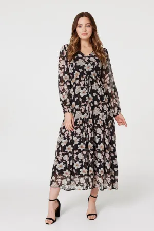 Floral Drawstring Waist Midi Dress