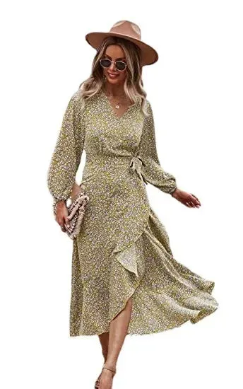 Floral Print Elegant Casual V-Neck Sun Midi Dresses