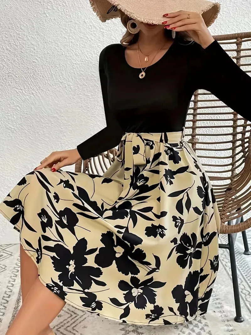 Floral Print High Waisted A-line Midi Dress with Elastic Waistband