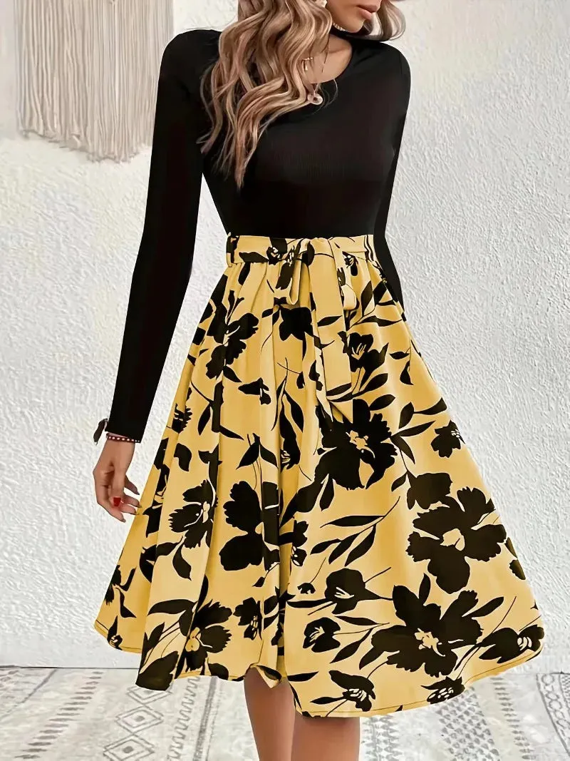 Floral Print High Waisted A-line Midi Dress with Elastic Waistband