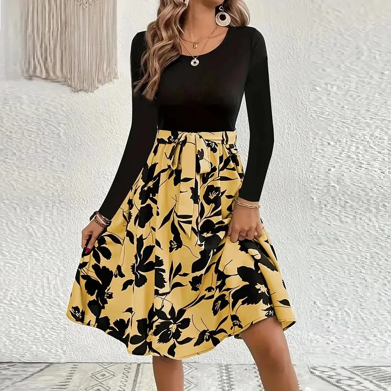 Floral Print High Waisted A-line Midi Dress with Elastic Waistband