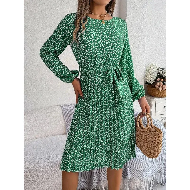 Floral Print O-neck Lantern Sleeves Lace up Pleated Midi Dress