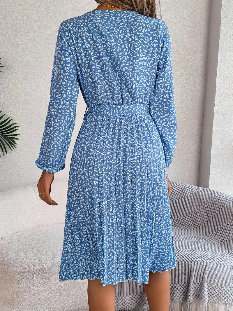 Floral Print O-neck Lantern Sleeves Lace up Pleated Midi Dress