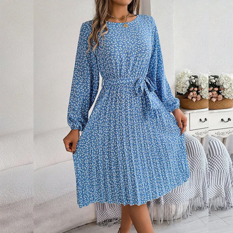 Floral Print O-neck Lantern Sleeves Lace up Pleated Midi Dress