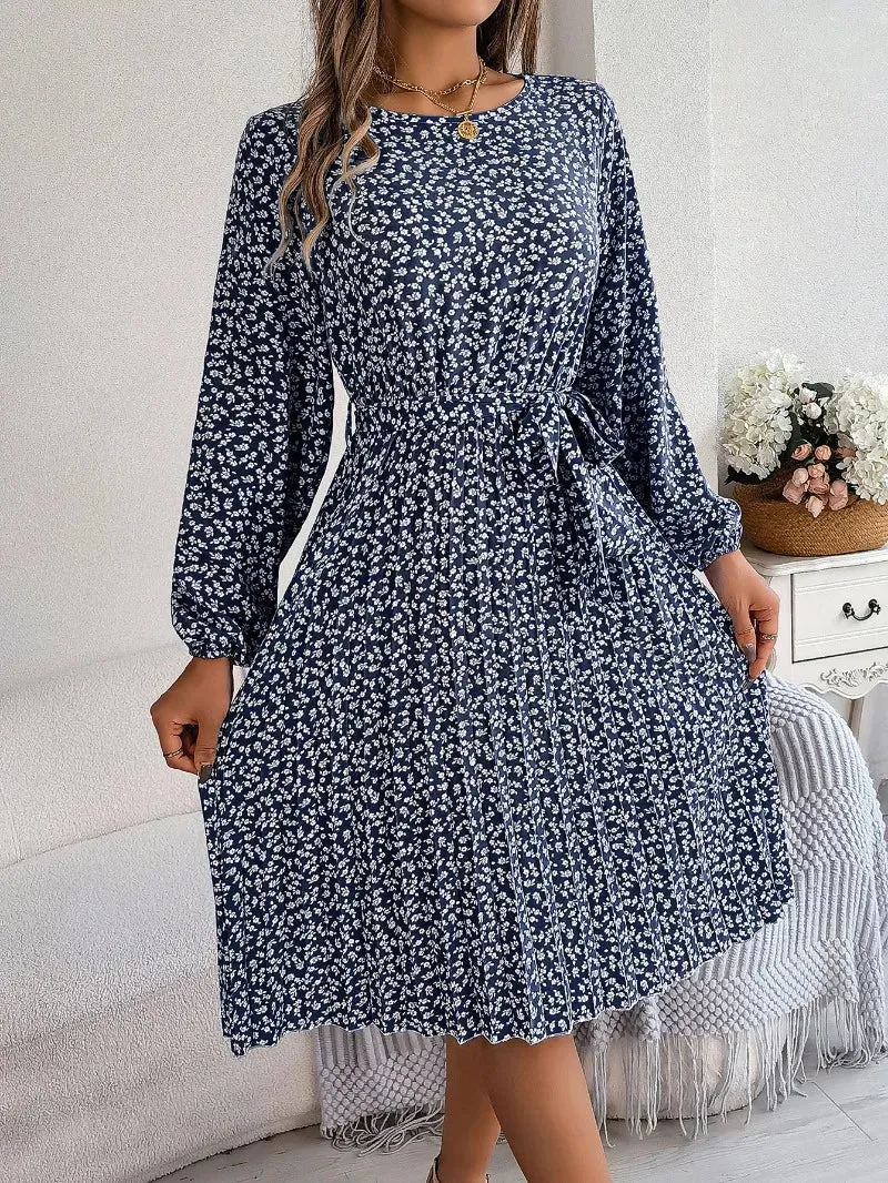 Floral Print O-neck Lantern Sleeves Lace up Pleated Midi Dress