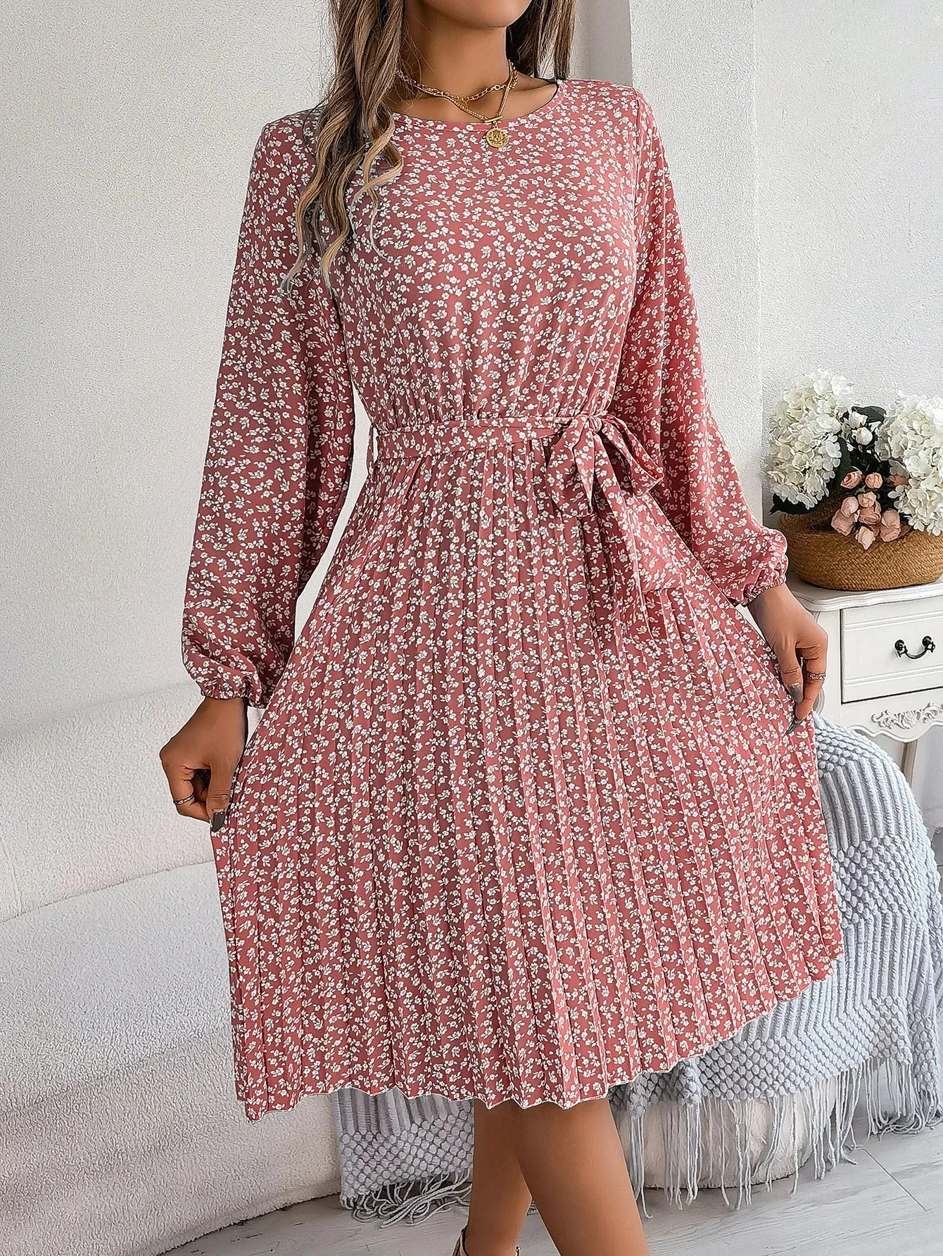 Floral Print O-neck Lantern Sleeves Lace up Pleated Midi Dress