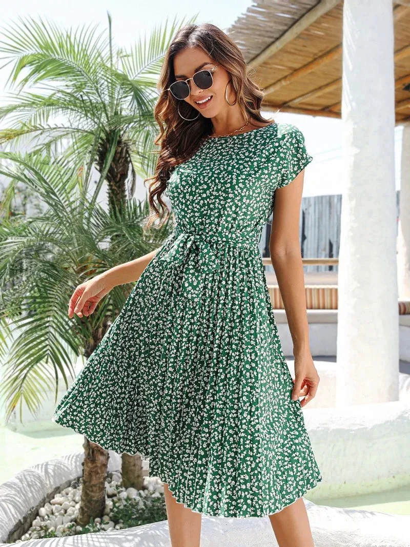 Floral Print Pleated High Waist Lace-up Short Sleeve Midi Dress