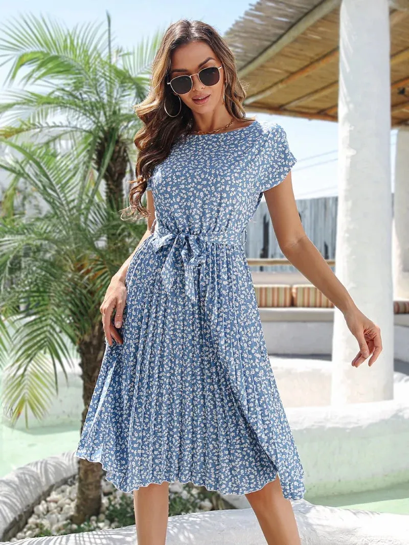 Floral Print Pleated High Waist Lace-up Short Sleeve Midi Dress