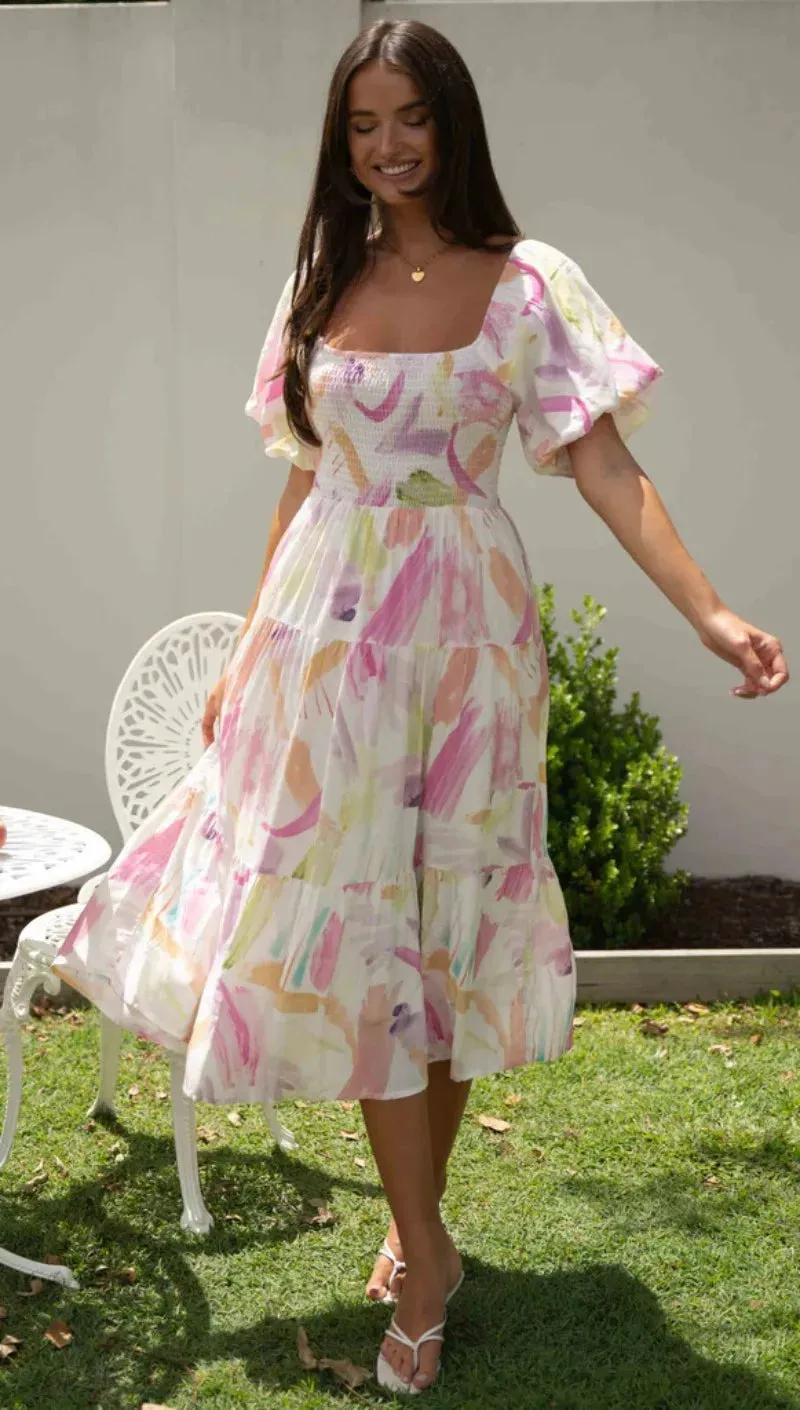 Floral Print Summer 2024 Square Neck Puff Sleeve Midi Dress