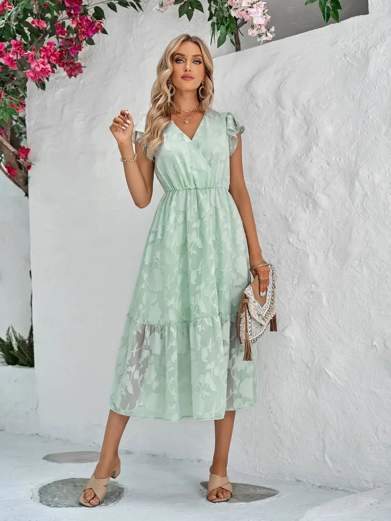 Floral Print Summer 2024 V-Neck Short Sleeve A-Line Midi Dress