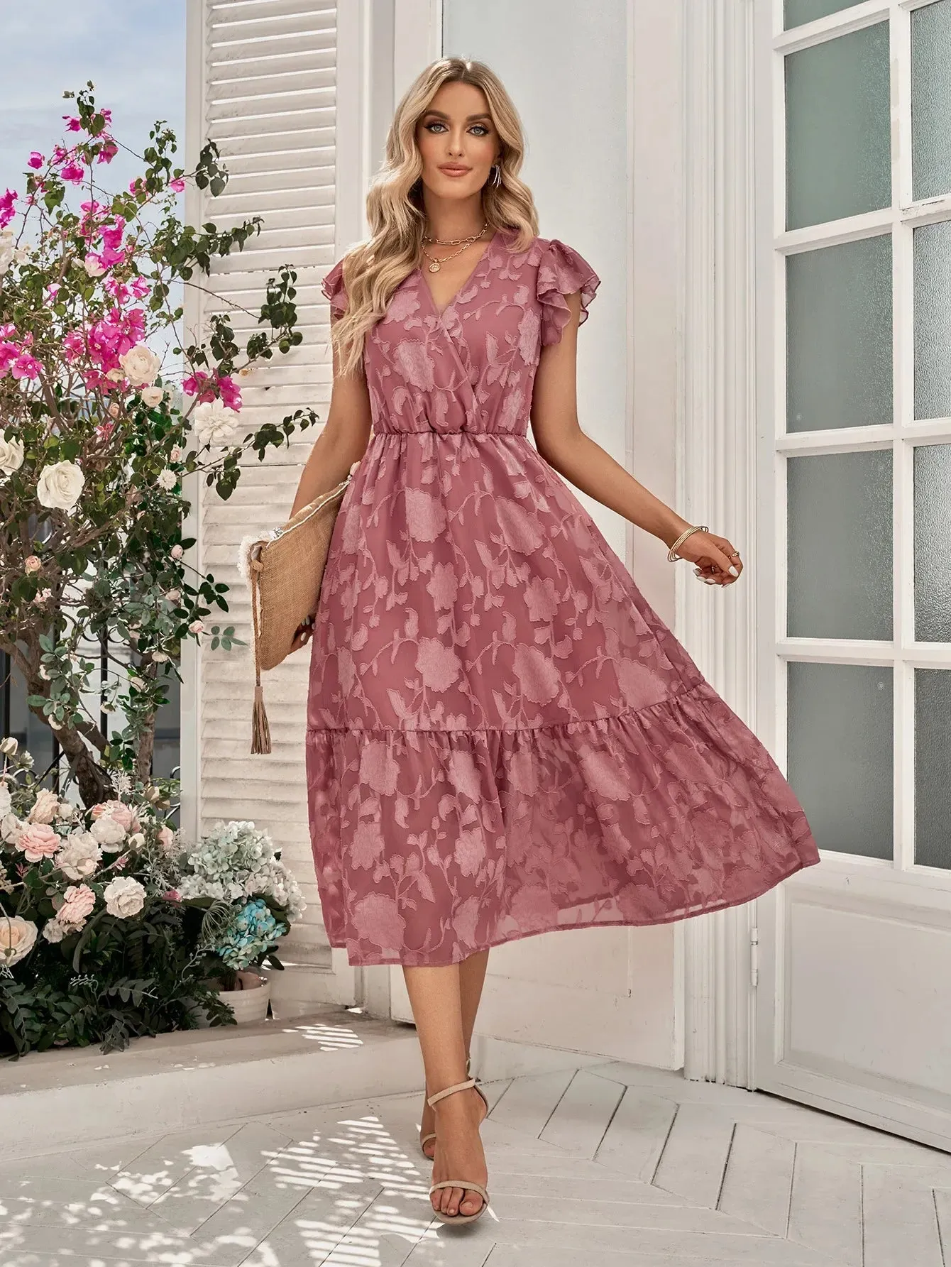 Floral Print Summer 2024 V-Neck Short Sleeve A-Line Midi Dress