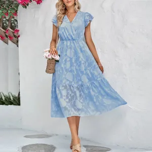 Floral Print Summer 2024 V-Neck Short Sleeve A-Line Midi Dress