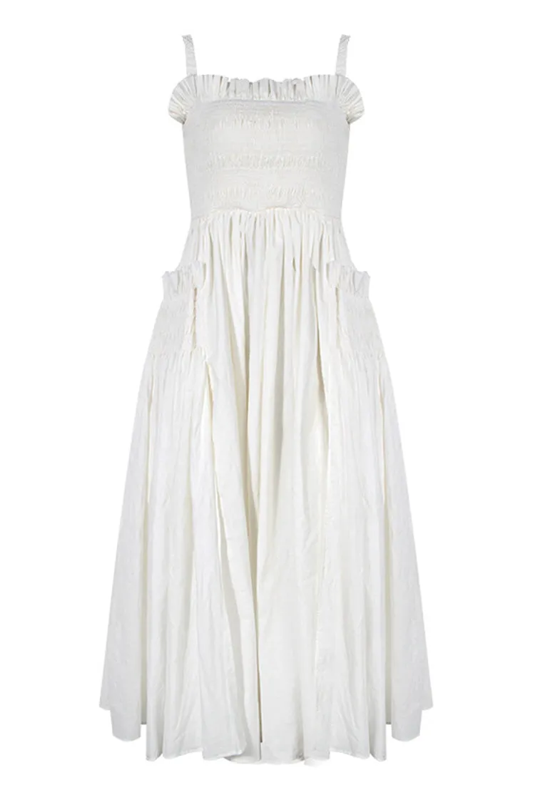 Flowy Ruffled Trim Fit & Flare Sleeveless Cutout Ruched Midi Sundress