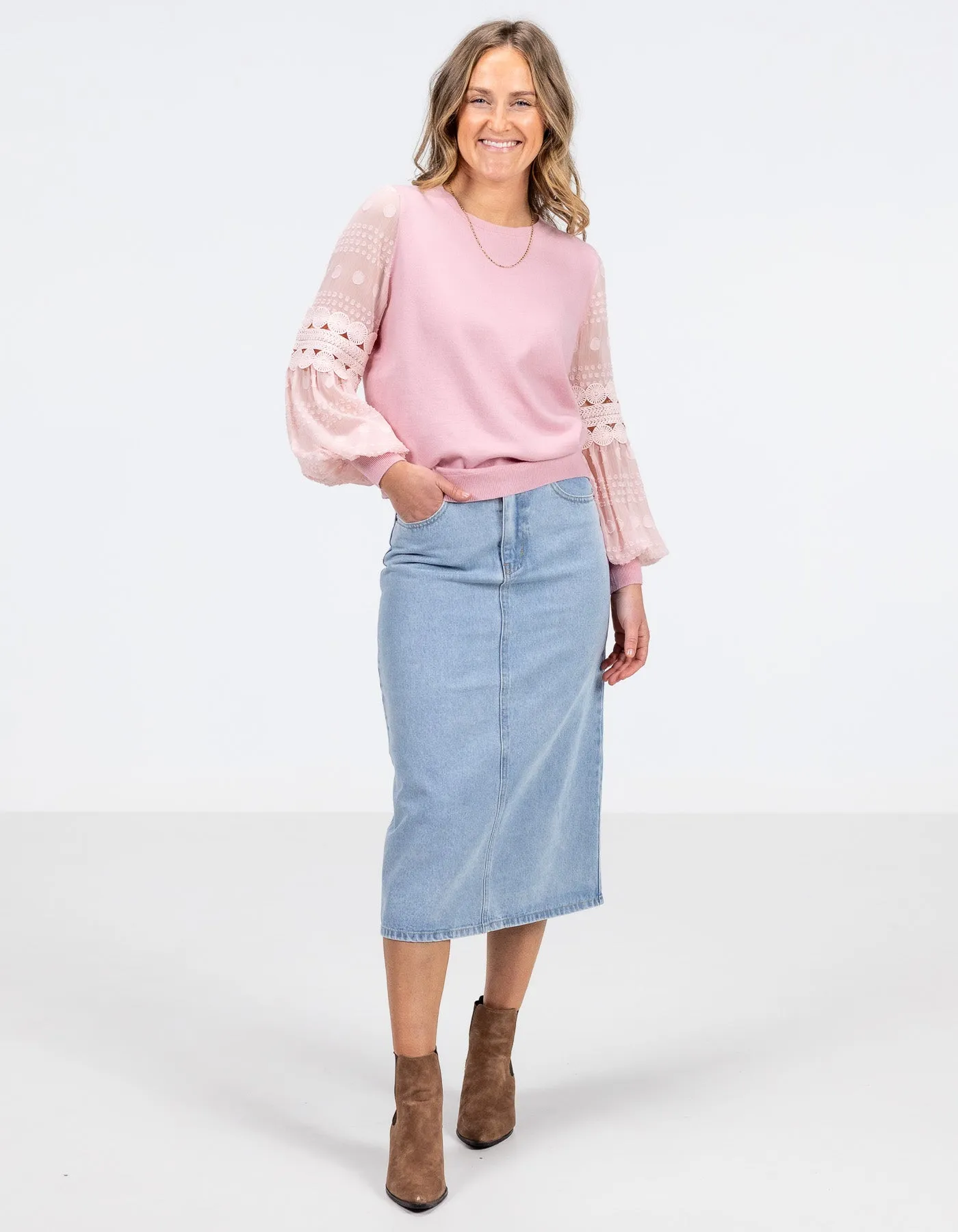 Flynn Non-Stretch Denim Midi Skirt in Light Blue